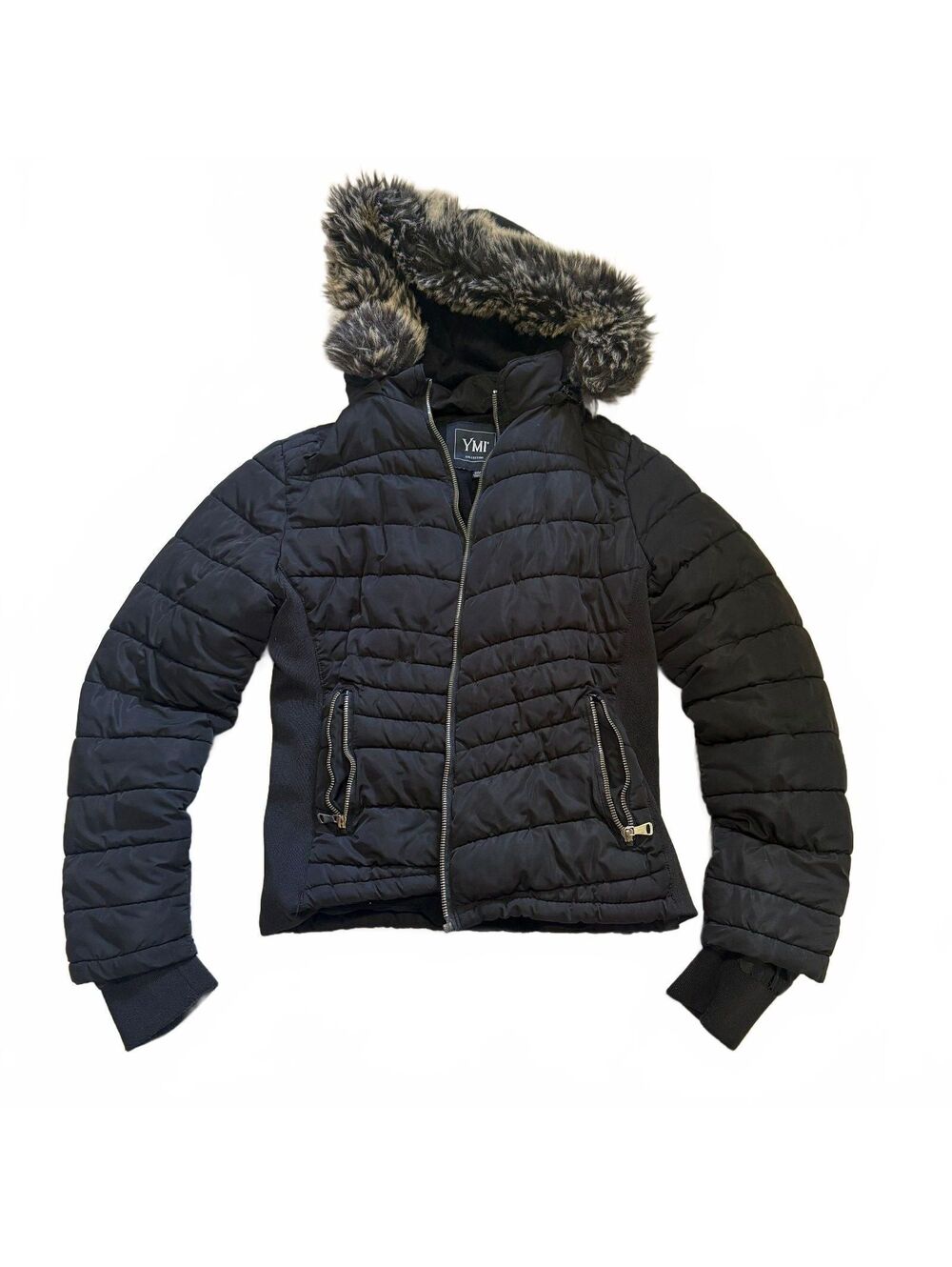 YMI Cropped Puffer Jacket Womens M Black Faux Fur Hood Y2K Bomber Winter Coat